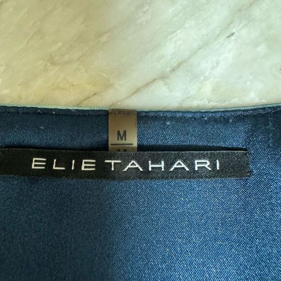 Elie Tahari Blouse Silk Sleeveless Blue Black Swirl Satin Abstract Top size M - Picture 4 of 8